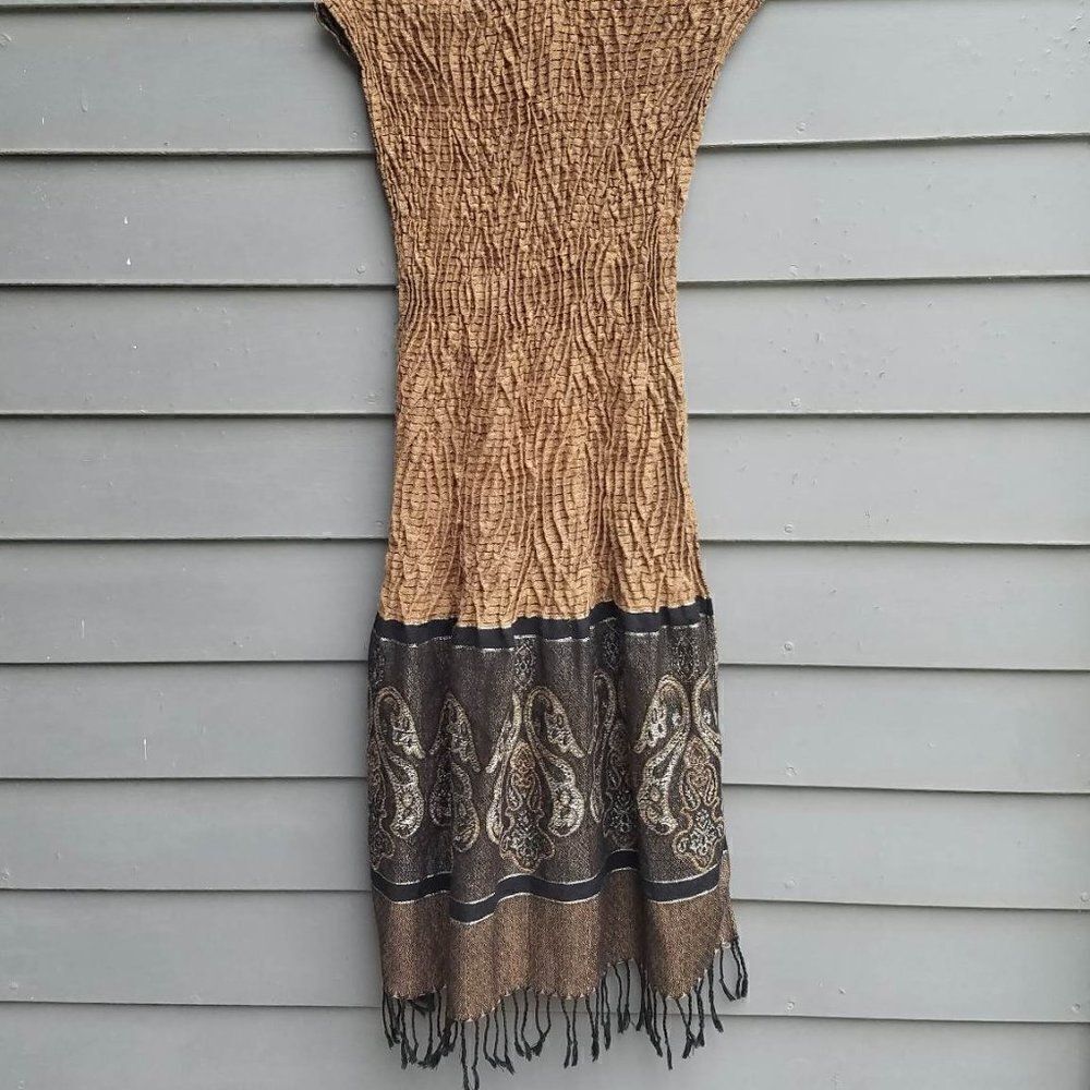 Pashmina Black Gold Brown with Metallic thread and Kantha stitching 21" x 74"